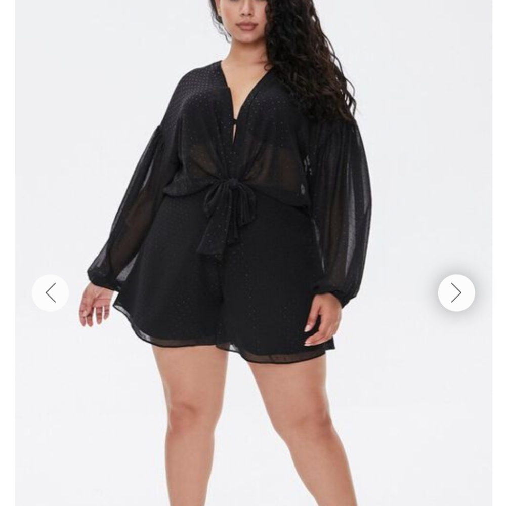 Forever 21 Black Sheer Tie-Front Romper with Balloon Sleeves